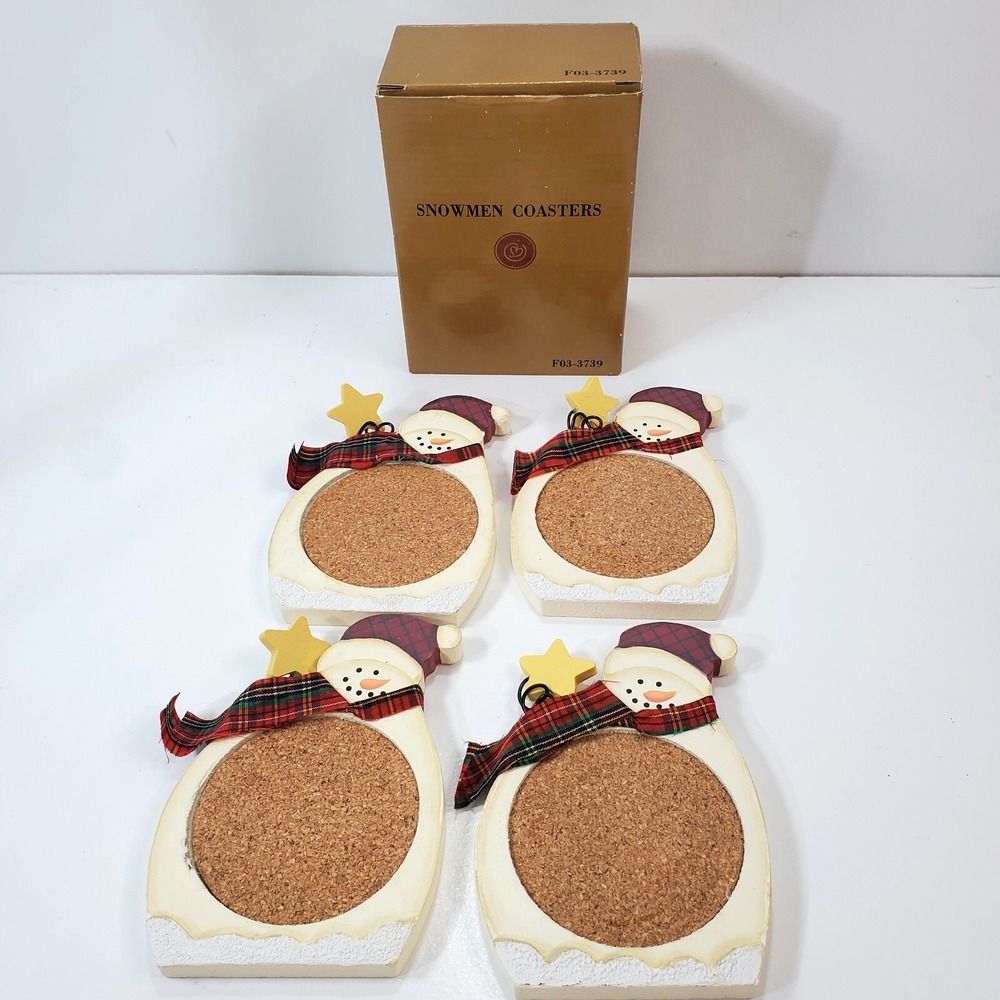 Snowman Coasters Wood and Cork Folk Art Style Set of 4 In Box Christmas Holiday